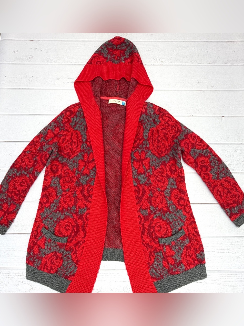 Anthropologie Maraschino Floral by Sparrow Oversized Red Floral Hooded Sweater - Picture 5 of 12